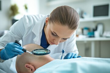 Specialist using magnifying tool to examine bald scalp.