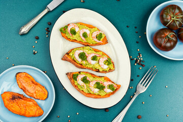 Grilled Shrimp, Roasted Sweet Potato on a Plate.