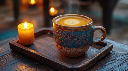 Fototapeta premium Warm cup of steaming tea on a wooden tray with candles in a cozy atmosphere.