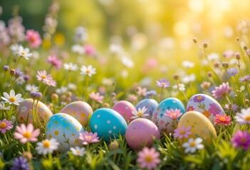 Colorful easter egg hunt in sunny spring meadow with floral background