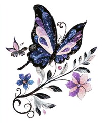 Fototapeta premium Glittery butterfly floral design, nature background, tattoo art
