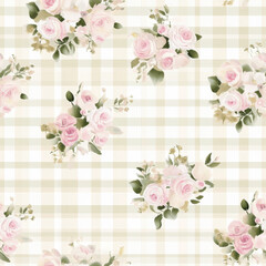 cream gingham pattern with light pink and cream realistic floral on top 
