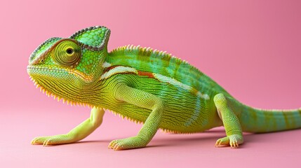 Fototapeta premium Chameleon: Close-up of Chameleon, Lizard, isolated on a solid color background, minimal, background.