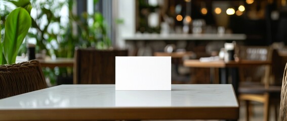 Blank white card on restaurant table serves as mockup template for design projects with elegant bokeh background