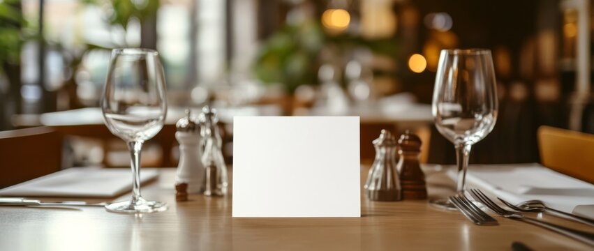 Blank white card on restaurant table serves as mockup template for design projects with elegant bokeh background