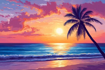 A peaceful beach sunset with gentle waves and a lone palm tree