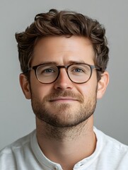 Obraz premium Male with glasses and beard smiling at camera in casual setting with friendly expression