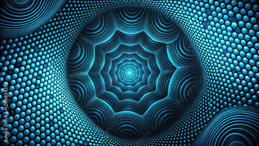 Poster Abstract swirling blue hexagonal and circular patterns forming a hypnotic tunnel of light