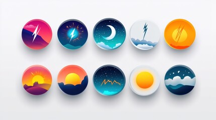 Colorful circular icons depicting various weather conditions and celestial events