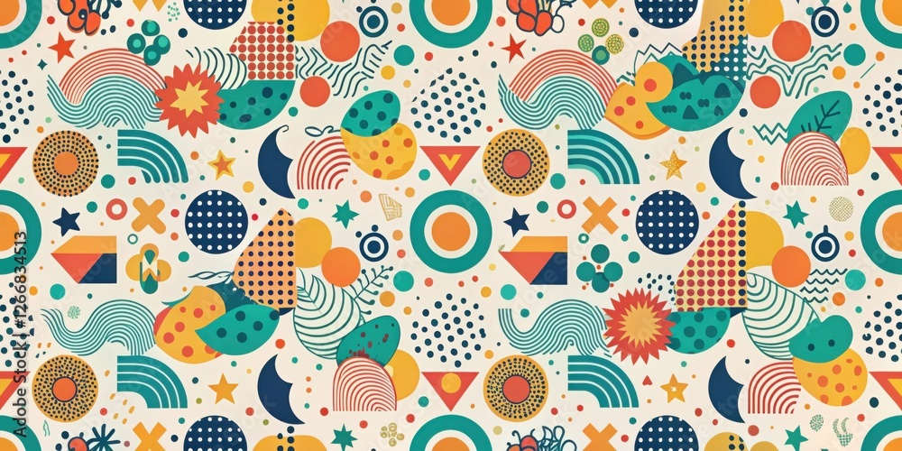 Poster vibrant abstract design featuring geometric shapes, dots, and organic forms in a playful and energet