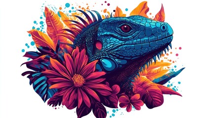 Fototapeta premium Iguana portrait in vivid colors, a tropical graphic design element for art and prints, against white