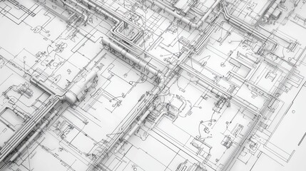 Industrial piping design blueprint, complex mechanical system, technical drawing