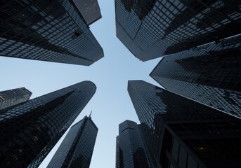 A photograph of tall modern skyscrapers arranged in a circular pattern, showcasing reflective glass facades against a clear blue sky.

