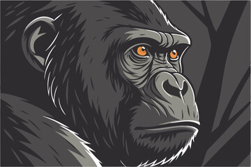  A close-up photograph of a gorilla's face, with intense, piercing orange eyes and a deep, thoughtful expression. The gorilla's fur is dark and textured, with a prominent brow ridge and deep wrinkl