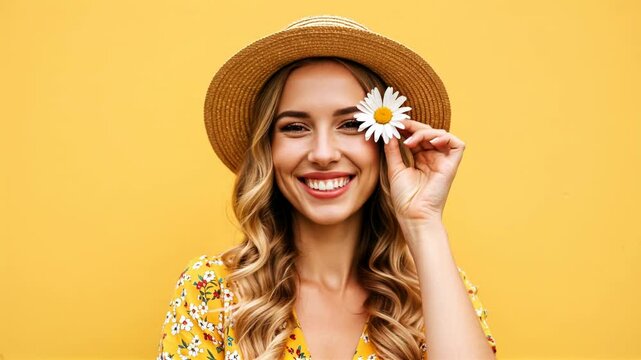 Smiling woman with daisy flower, holding it, yellow background, beauty and springtime concept, for flower shop promo, cosmetics, horizontal