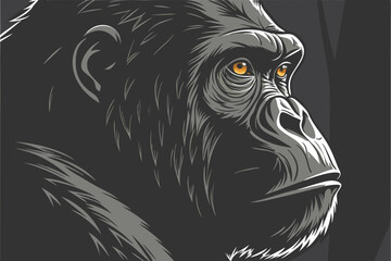  A close-up photograph of a gorilla's face, with intense, piercing orange eyes and a deep, thoughtful expression. The gorilla's fur is dark and textured, with a prominent brow ridge and deep wrinkl