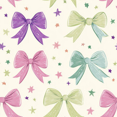 Design a pattern featuring pastel-colored bows in shades of purple, pink, and green on an off-white background.