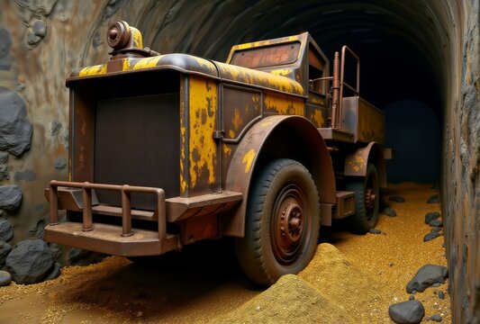 Rusty truck. An old, yellow, rusty truck inside a dimly lit mine tunnel with gravel and rocks. - Powered by Adobe