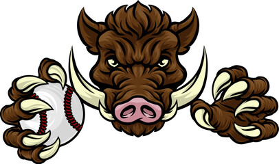A wild boar, hog razorback warthog pig mean tough cartoon sports mascot holding a baseball ball