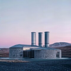 Obraz premium Geothermal plant. Exterior of a modern geothermal power station in a snowy, mountainous area at dusk.