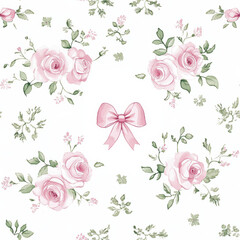 watecolor vintage White background with small pink roses and a lace pattern, a baby girl nursery decor style, white vintage wallpaper