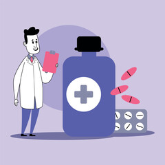 Healthcare professional in lab coat holding clipboard while reviewing information beside large medicine bottle and scattered pills. Importance of medication in patient care concept