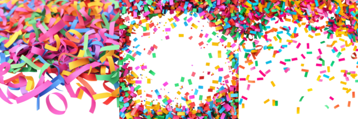 Vibrant explosion of multicolored confetti streamers and other festive scattered across a bright and energetic background capturing the spirit of a celebratory event or holiday