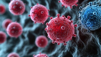 Close up view of red and blue virus cells, detailed 3d model, dark background, scientific illustration, microscopic view of viruses, medical research, virus particles, infectious agent, biological