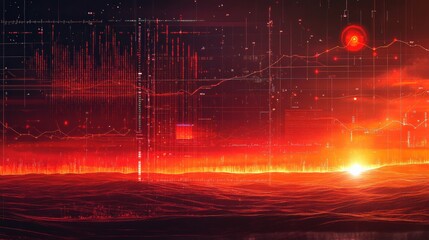 Abstract sunset landscape with data visualization elements over a digital horizon at dusk