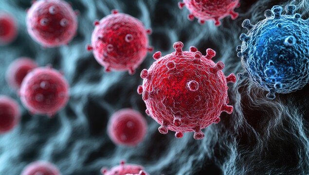 Close up view of red and blue virus cells, detailed 3d model, dark background, scientific illustration, microscopic view of viruses, medical research, virus particles, infectious agent, biological