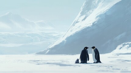 74.A heartwarming family portrait of two penguins and their baby, nestled together on the icy Antarctic landscape. The adult penguins stand proudly beside their fluffy chick, all framed against the