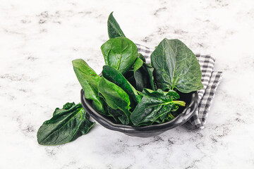 Ripe green spinach leaves heap
