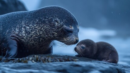 Obraz premium 68.A heartwarming image of an Antarctic fur seal and her baby, with the mother gently nuzzling her young one, both resting on a rocky shore, the soft light of dawn illuminating their fur in the cold,