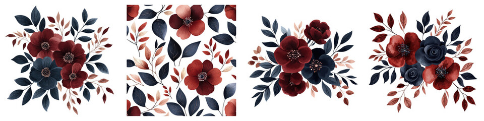 Burgundy and Blue Floral Bouquet with Autumn Leaves and Petals   Elegant Vintage Style Arrangement of Red Pink and Navy Flowers and Foliage