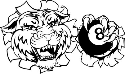 A tiger angry mean pool billiards mascot cartoon character holding a black 8 ball.