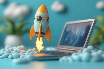 3d model rocket launching from a laptop keyboard, on a teal background with white clouds and plants, bright orange flames, light blue rocket, silver laptop with a space background on the screen