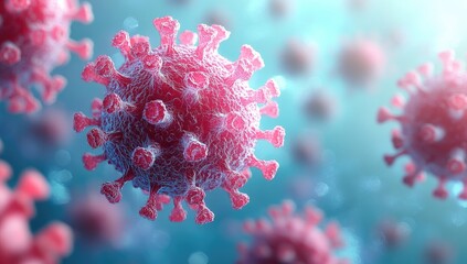 Close up view of multiple 3d rendered virus cells, bright pink and red colored, on a teal background with soft focus and bokeh effect, scientific image or graphic