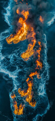 Aerial view of orange flames burning on blue water surface creating abstract shapes