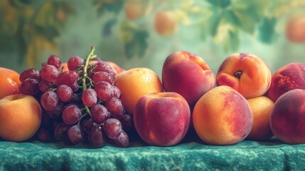 Juicy peaches and grapes on teal cloth, orchard background; healthy food