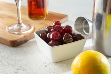 A view of a bowl of Amarena cherries.