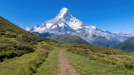 Fototapeta premium Snow-capped mountain peak towers over a dirt hiking trail winding through green alpine meadows under a clear blue sky.