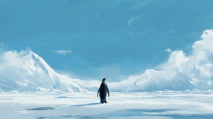 44.A majestic Emperor penguin stands alone on a vast ice floe, surrounded by expansive icy landscapes, its sleek black and white feathers contrasting with the brilliant blue of the Antarctic sky.