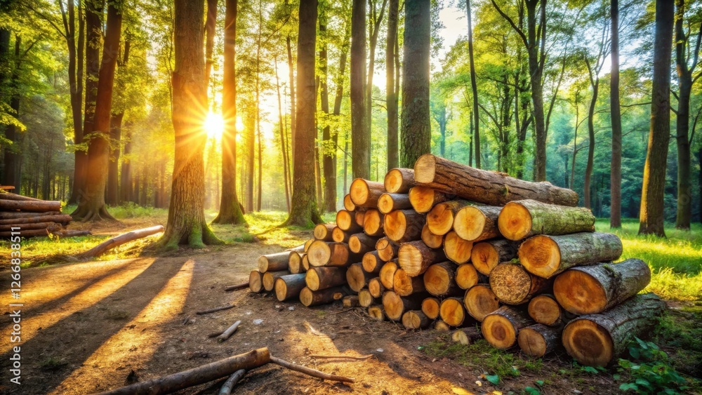 Poster golden sunrise illuminates a stack of logs in a lush forest setting