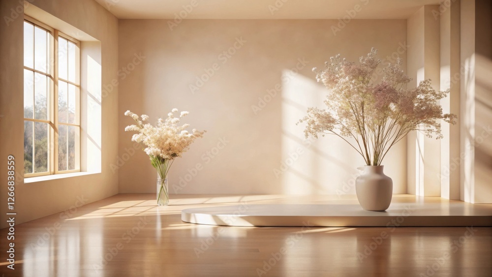 Poster serene minimalist interior design with sunlight streaming through window and elegant flower arrangem
