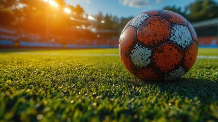 Naklejka premium Close-up of a textured soccer ball on a lush green field, backlit by golden sunlight. Perfect for sports, recreation, and healthy lifestyle themes.