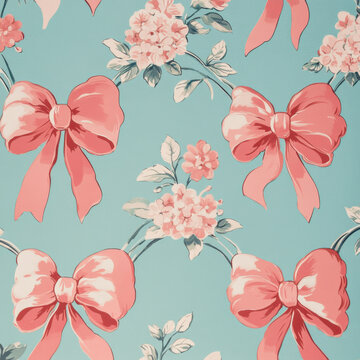 2w a Loveshackfancy inspired pattern that has pink bows and floral with a light blue background --v 6.1 Job ID: 5ff104c5-a2a4-4244-aeac-356cd097a11b