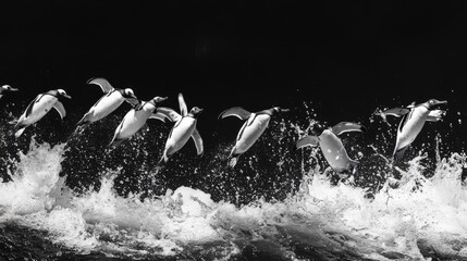 Fototapeta premium 91.Adelie Penguin, Pygoscelis Adeliae, Group Leaping into Ocean, Paulet Island in Antarctica