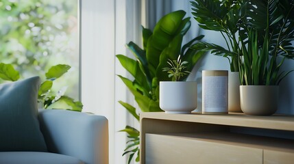 A living room with a white couch and a wooden table with a white vase