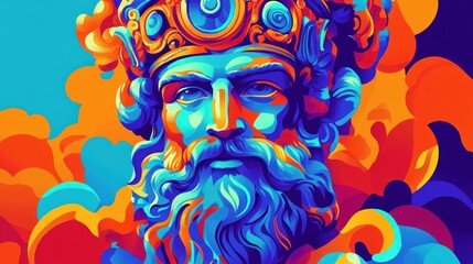 Colorful digital portrait of a mythical king, vibrant background. Possible use Fantasy art poster or print