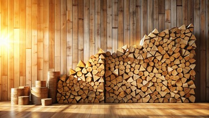 Warm Wooden Interior with Stacked Logs Forming an Ascending Graph